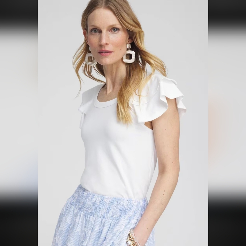 NEW! Chico's White Ruffle Sleeve Top Women's SIZE L.